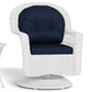 Biloxi 3 Piece Swivel Glider Bistro Set - Pure White Wicker - Navy Blue Cushions - Clear Ripple Glass