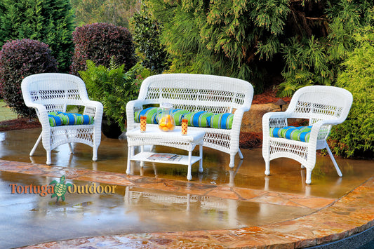 Portside White 4-Piece Wicker Patio Seating Set with Haliwell Caribbean Cushions
