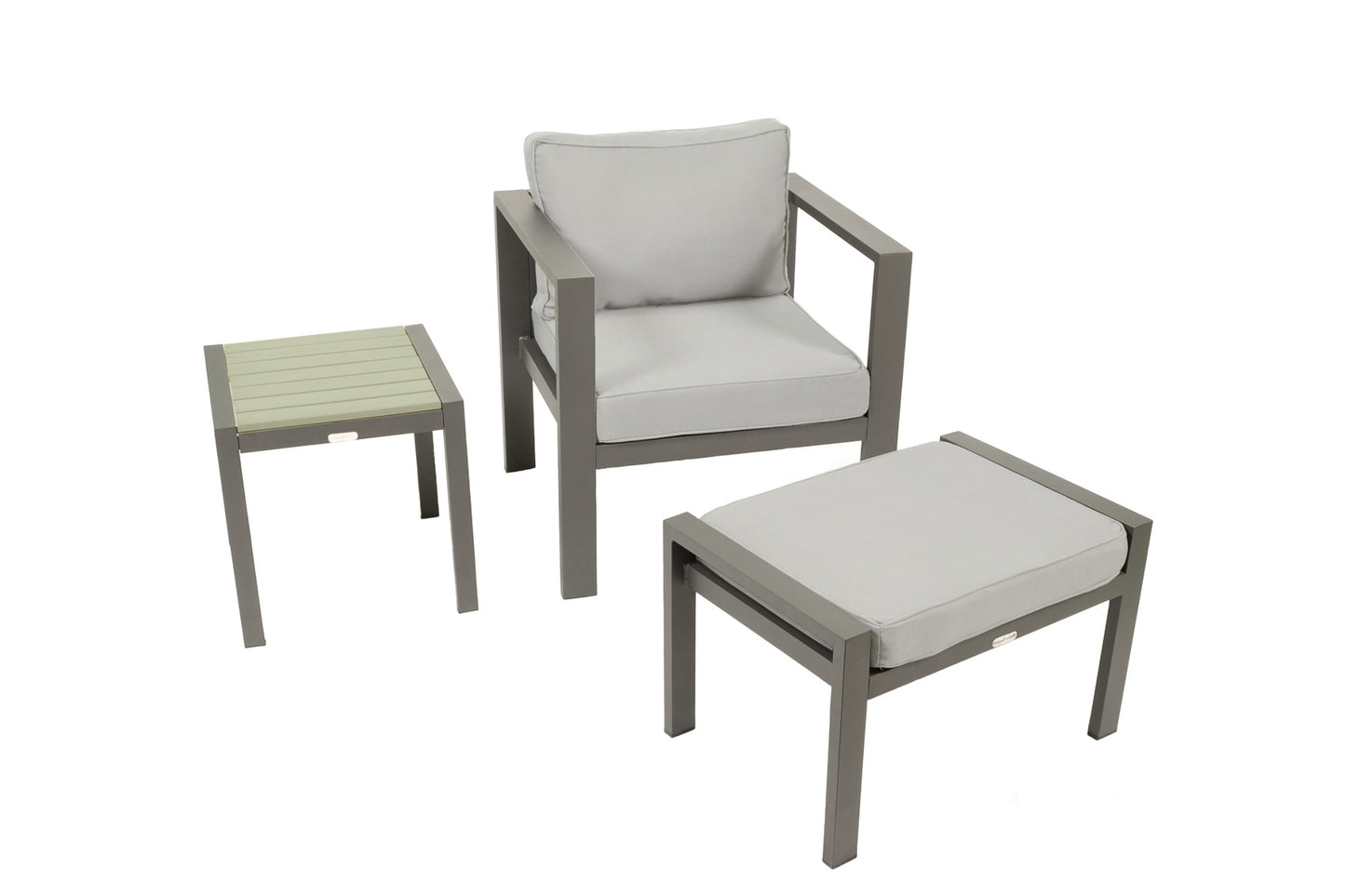 Lakeview Aluminum Club Chair w/ Cushion, Ottoman, and Side Table - Gray