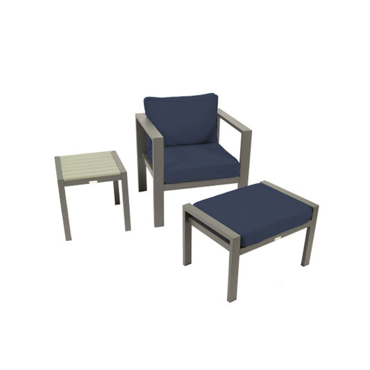 Lakeview Aluminum Club Chair w/ Cushion, Ottoman, and Side Table - Navy